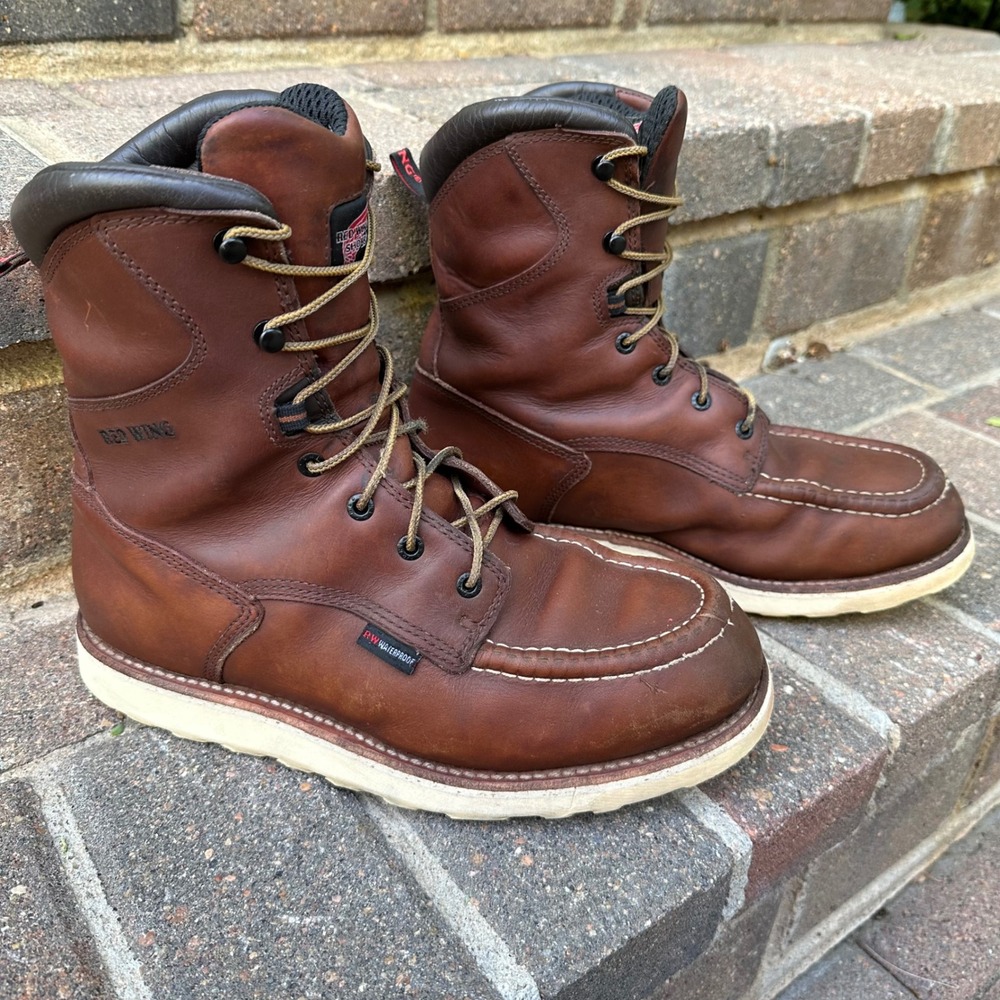 Red Wing 411 Work Boots Mens 10 Brown Waterproof Leather Moc Toe Wedge Sole
